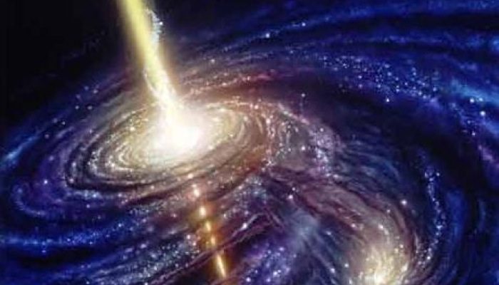 a spiraling galaxy with a beam of light through it