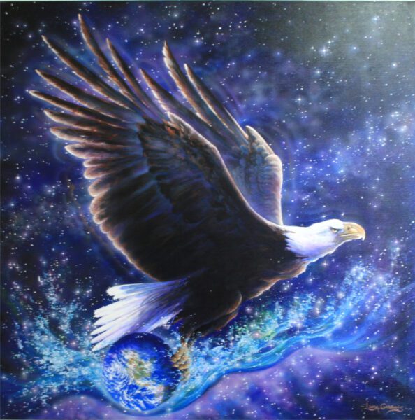Transcendence - Eagle riding a cosmic wave through space with a globe (Earth) in its talons. 
